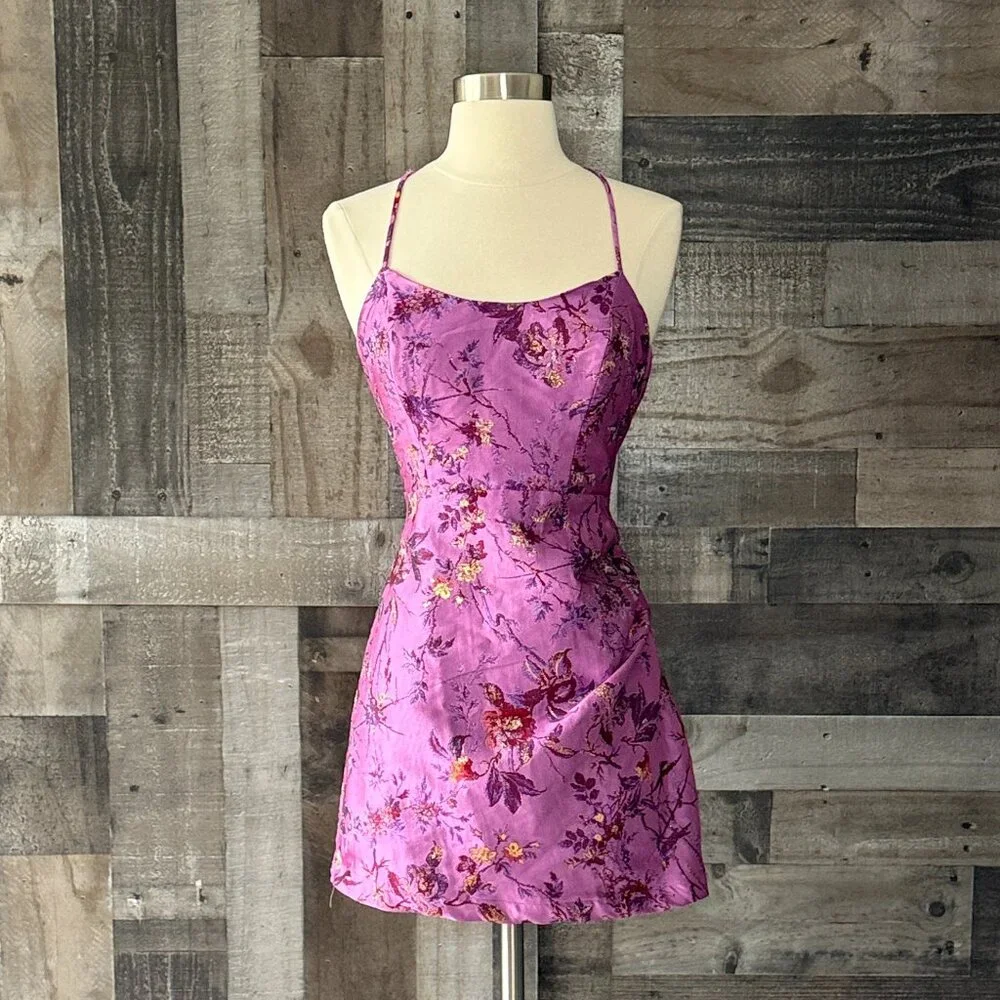 Urban Outfitters purple tapestry mini dress medium glam sparkly floral cocktail - Picture 10 of 10